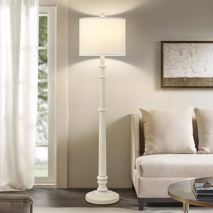 Floor Lamps for Living Room - 60" Resin Farmhouse Floor Lamp with Adjustable Color Temperatures - Vintage Standing Lamp Reading Light with Linen Shade Retro Tall Lamp for Bedroom Office, Almond White