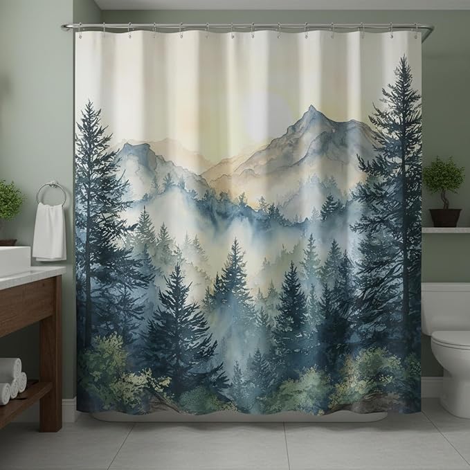 Misty Forest Mountain Shower Curtain, Nature Scenery Watercolor Pine Tree Landscape, Foggy Morning Mountain Peak Aesthetic Bathroom Decor, Waterproof Fabric, 72x72 Inch.