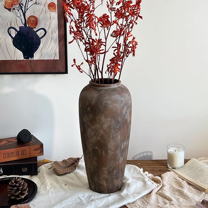 15 Inch Vintage Farmhouse Decor Ceramic Rustic Vase, Handmade Brown Flower Vases for Centerpieces, Living Room & Kitchen Shelf Decorative Pottery Vase for Home Decor