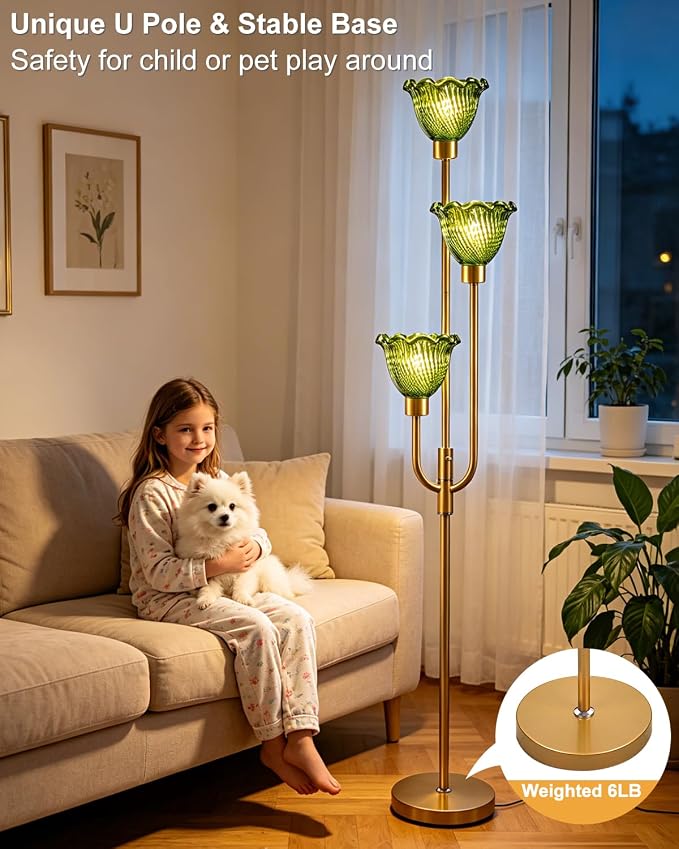 Lightdot 3-Lights Glass Floor Lamp 66IN Modern Gold Dimmable Floor Lamps with 3000K Warm White Bulbs for Wedding Party Tall Standing Lamp with Green Glass Shade for Living Room/Bedroom/Home Decor