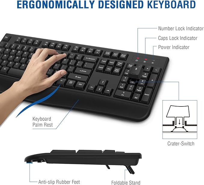 EDJO Wireless Keyboard, 2.4G Ergonomic Full Size Wireless Computer Keyboard with Wrist Rest for Windows, Mac OS Desktop/Laptop/PC（Black）