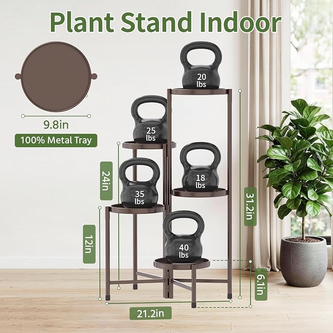 LASZOLA 5 Tier Large Plant Stand Indoor Tall with 10 Inch Metal Tray, Corner Folding Flower Display Rack, Modern Plant Holder Shelf for Outdoor Patio Porch Garden Office Living Room, Bronze