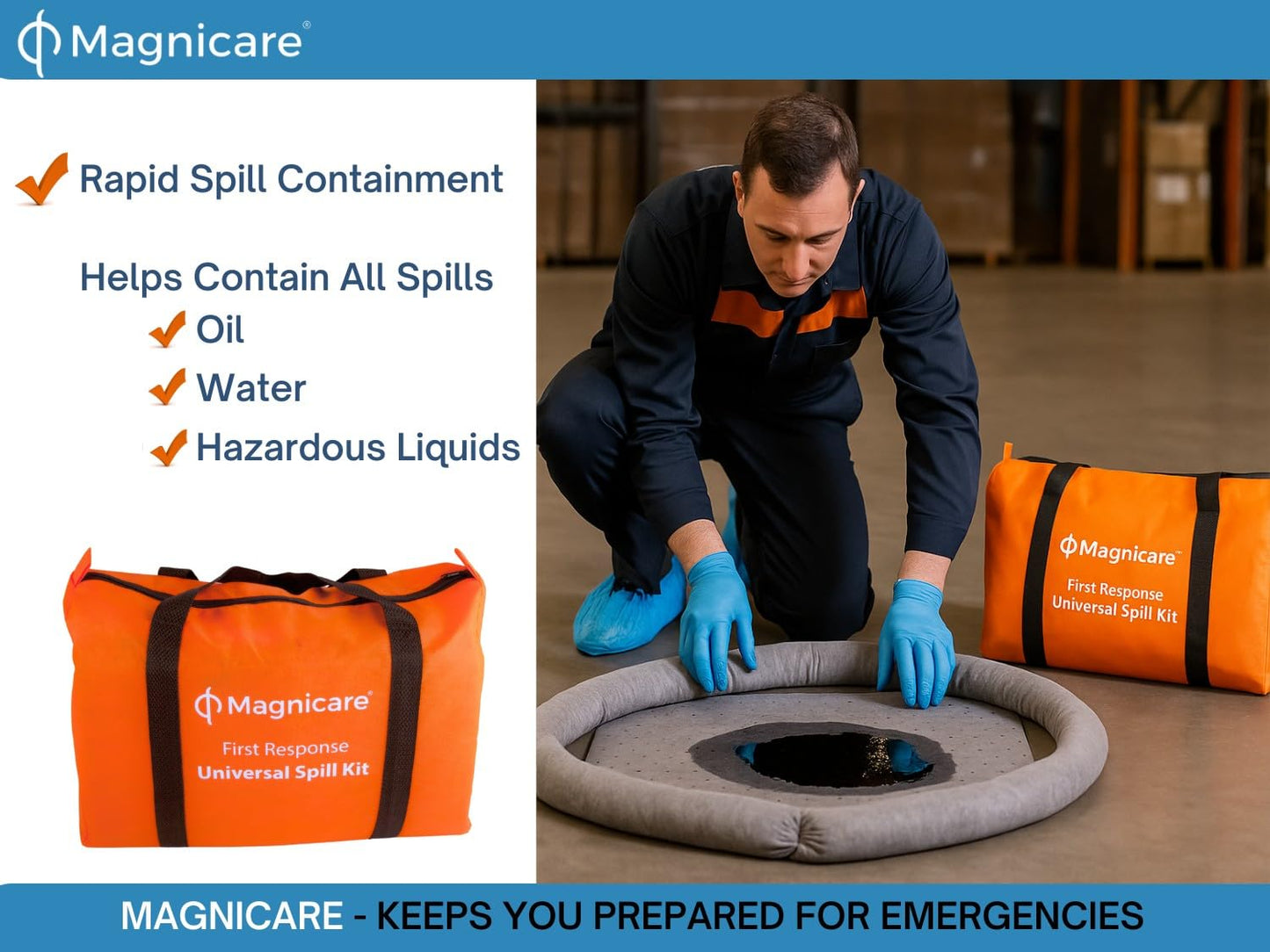 Universal Spill Kit - OSHA Approved Biohazard Cleanup for Oil, Water & Chemicals | 15 Absorbent Pads, 2 Socks, PPE in Bright Orange Duffel Bag