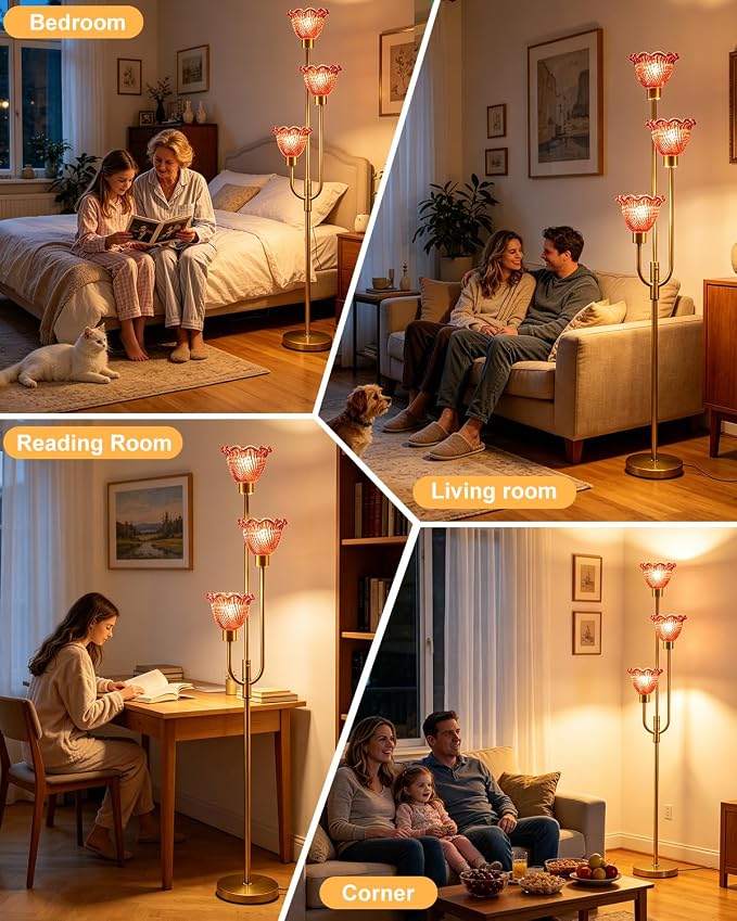 Lightdot 3-Lights Glass Floor Lamp 66IN Modern Gold Dimmable Floor Lamps with 3000K Warm White Bulbs for Wedding Party Tall Standing Lamp with Deep Red Glass Shade for Living Room/Bedroom/Home Decor