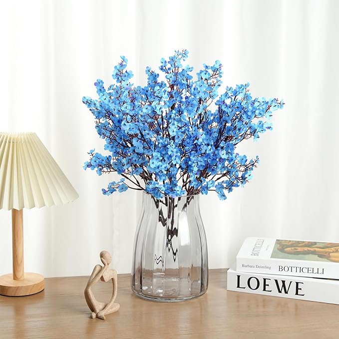 8Pcs Artificial Flowers Fake Babys Breath Bouquet,Blue Fake Flowers Plants Decor Silk Flower Bulk for Vase Spring Home Wedding Indoor Outdoor Table Party Decorations