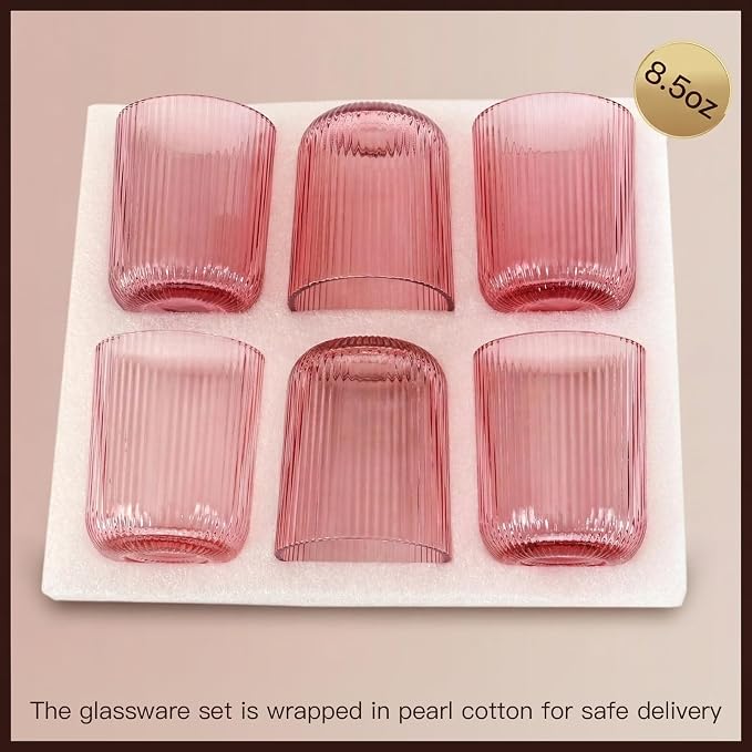 Pink Ribbed Drinking Glasses Set of 6,8.5oz Vintage Highball Tumblers,Colored Glassware for Juice,Milk,Coffee & Cocktails,Gift for Party,Housewarming,Mother's Day