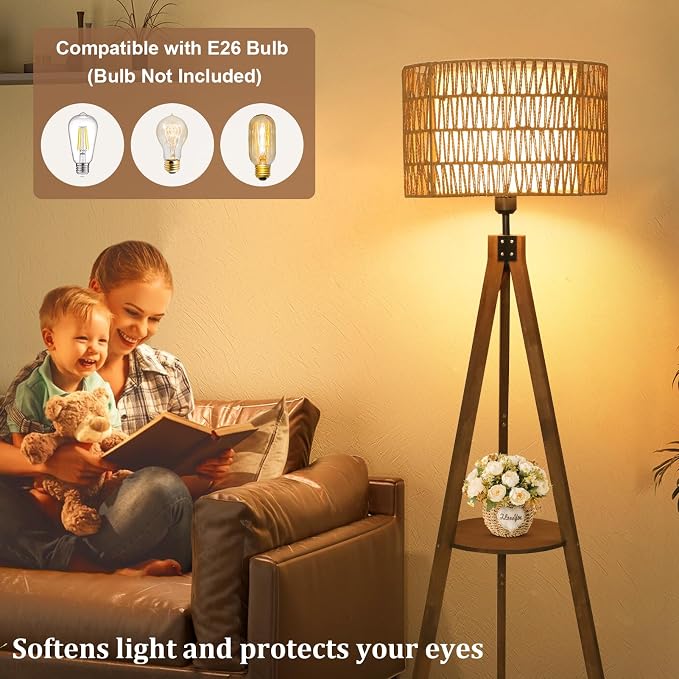 LAMSU Boho Tripod Floor Lamps for Living Room, Rattan Wood Floor Lamp with Fabric Shades, Mid Century Standing Lamp with Shelf, Foot Switch, Modern Farmhouse Tall Lamps for Bedroom Office Brown