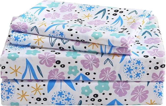 Viviland 3 Pieces Girls Purple Floral Twin Sheet Set - Soft Microfiber Fitted Flat Sheets & Pillowcase - Purple Colorful Flower Print Bedding Sets - for Kids & Toddlers