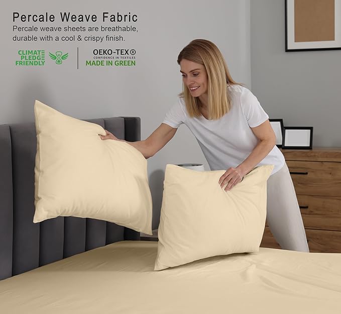 RUVANTI 100% Cotton Full Size Bed Sheets, 4 Pieces, Soft & Breathable Percale Weave Bedding, Deep Pocket 16", Hotel Standard, Crisp Cool Feel, Durable, Perfect Sheet Set Dyed, Beige