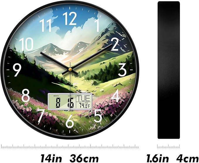 Mountain Wildflowers Wall Clock, 14 Inch Silent Non-Ticking Battery Operated Analog Clock with LCD Date Day Temp Display, Decorative for Living Room, Bedroom, Kitchen, Farmhouse, Cabin