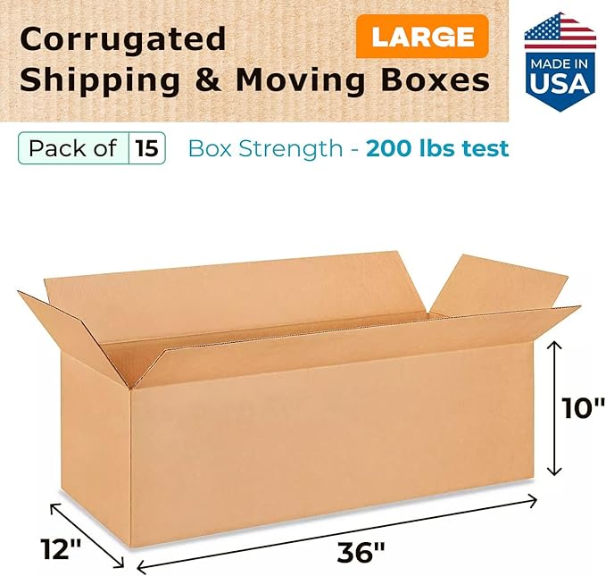 Large Shipping & Moving Boxes 36"L x 12"W x 10"H (15-Pack) - Extra Strength 200 lb vs Regular - Corrugated Boxes for Packaging Moving Stuff - Durable Box Moving - Corrugated Box by IDL Packaging