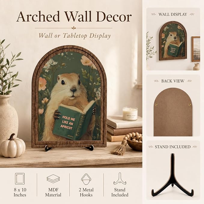 Wooden Tabletop Decor Funny Reading Groundhog Art for Library, Office or Study Decor, Literary Wall Art for Reading Lovers Gift Decor, Home Decorative Accent