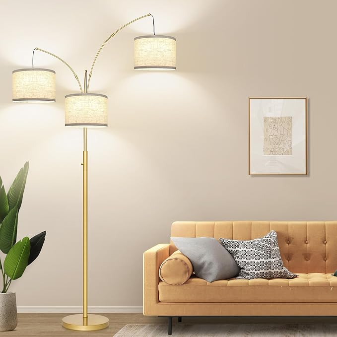 Dimmable Gold Floor Lamp, 3 Lights Arc Floor Lamps for Living Room, Modern Tall Standing Tree Lamp with White Shade & Heavy Base, Large Floor Lamp for Bedroom Office, 3x1000 LM LED Bulbs Included