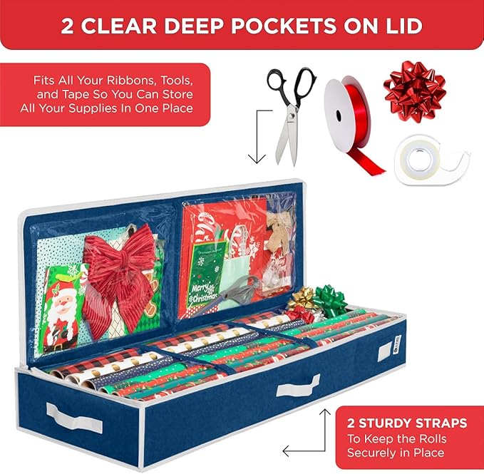 HOLDN’ STORAGE Premium Wrapping Paper Storage Container - Durable 600D Tear-Proof, Fits 27 Rolls Gift Wrap, Extra Pockets for Ribbons & Bows, Underbed Storage - Ideal for Holiday Christmas, Blue