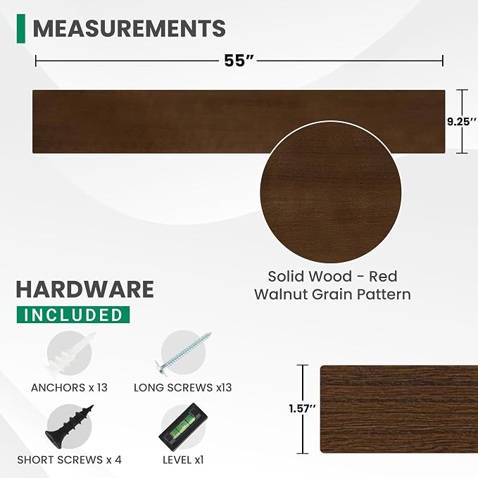 Marsmiles Solid Wood Floating Shelves for Wall, 55”W x 9”D x 1.56”H Large Wall Shelves for Living Room Bedroom Bathroom Kitchen Drcor Storage with Invisible Heavy-Duty Metal Bracket, Walnut, Set of 1