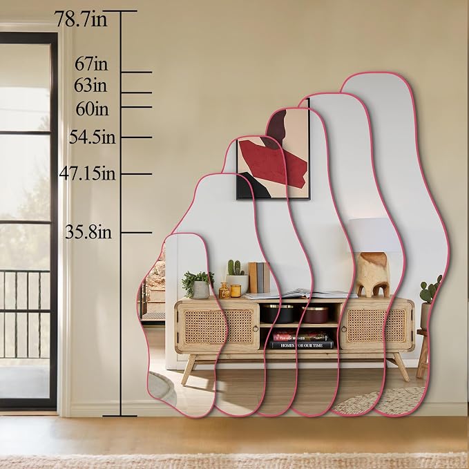 Irregular Mirror Full Length, 67"x31" Pink Asymmetrical Tempered Glass Wall Mirror, Large Organic Frameless Mirrors for Entryway Hallway Bedroom Living Room, Horizontal or Vertical Hanging
