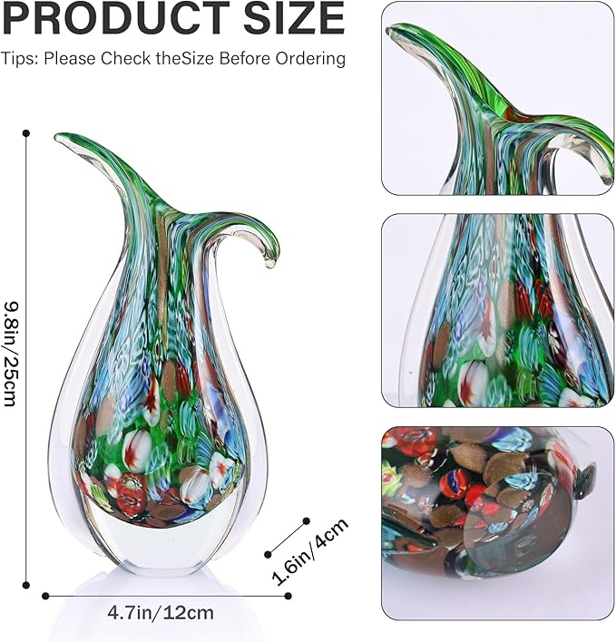 Green Hand Blown Glass Vase – Oval Decorative Art Glass for Centerpieces, Murano Inspired Decor for Dining Room, Entryway Table, or Shelf, Handmade Glass Vase for Home Display (Teal Green)