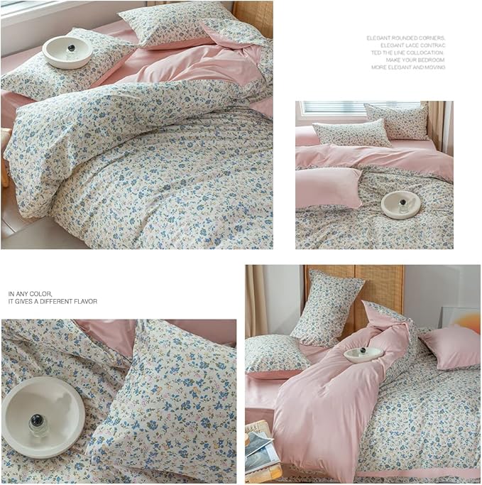 EAVD Botanical Floral Duvet Cover King Soft 100% Cotton Blue Pink Floral Bedding Set with 2 Pillowcases Chic Vintage Style Garden Floral Comforter Set Reversible Solid Pink Duvet Cover Set