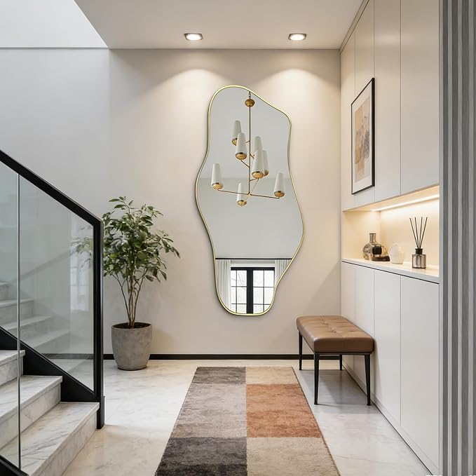 Large Irregular Mirror, 63"x30" Asymmetrical Tempered Glass Mirror Full Length, Gold Organic Frameless Wall Mirrors for Entryway Hallway Bedroom Living Room, Horizontal or Vertical Hanging