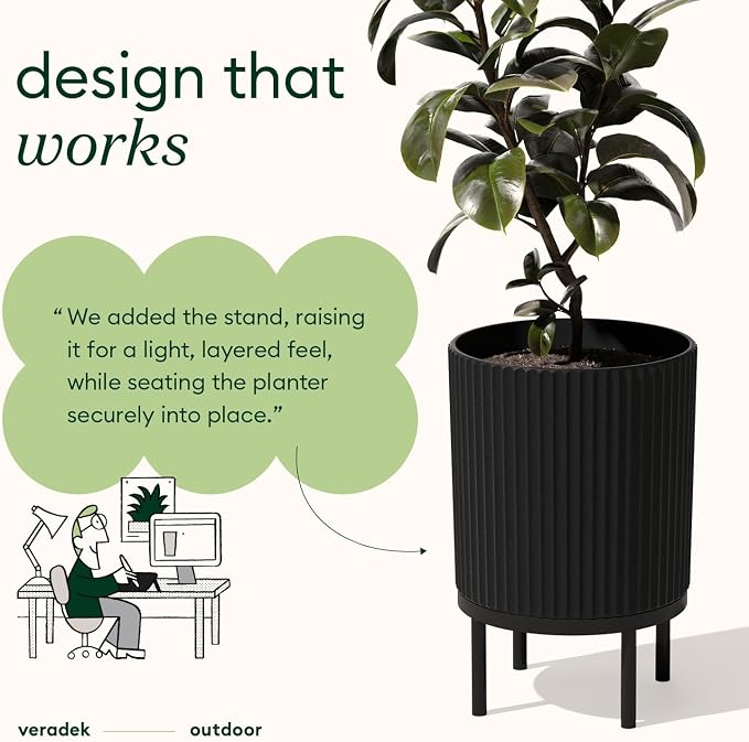 Veradek Demi Series Round Planter w/ Stand for Porch/Patio | Durable Plastic-Concrete & Wooden Stand | Modern Décor for Tall Plants, Flowers