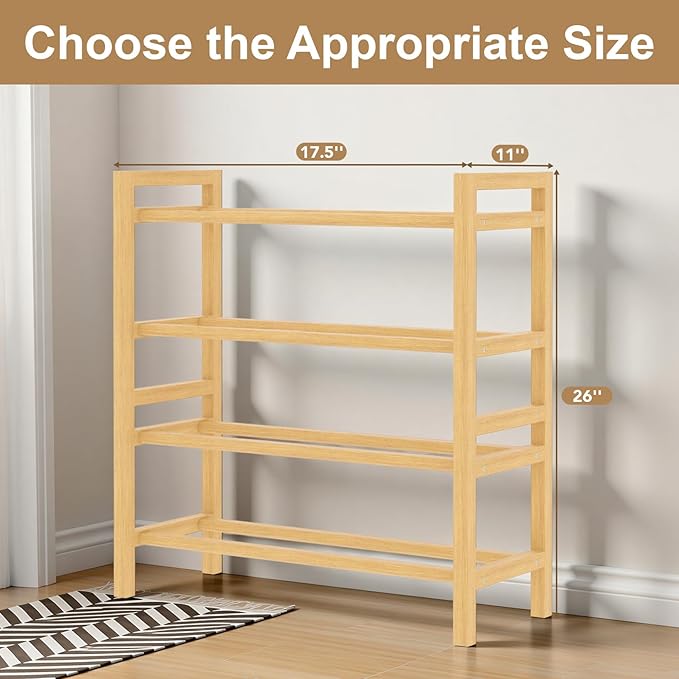 Haddockway Bamboo Shoe Rack for Closet, Free Standing Shoe Organizer with Smooth Round Rods & Convenient Handles, Stackable Shoe Storage Shelf for Entryway, Hallway(Natural, 4-Tier(Small))