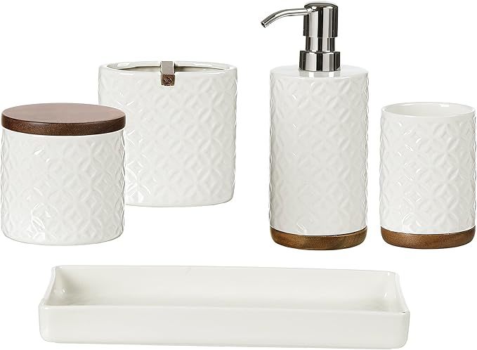 Bathroom Accessories Set, 5-Piece Ceramic and Wood Bath Accessory Complete Set with Lotion Dispenser/Soap Pump, Cotton Jar, Vanity Tray, Tumbler and Toothbrush Holder (White and Beige)