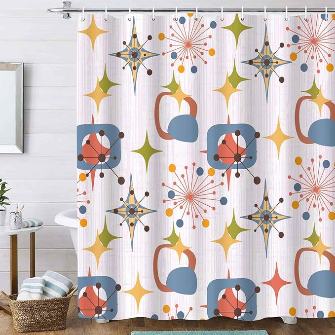 Mid Century Shower Curtain, 72x72inch, Modern Abstract Retro Pink Striped Geometric Shower Curtain Sets 1950s Boho Bathroom Shower Curtain with 12 Hooks