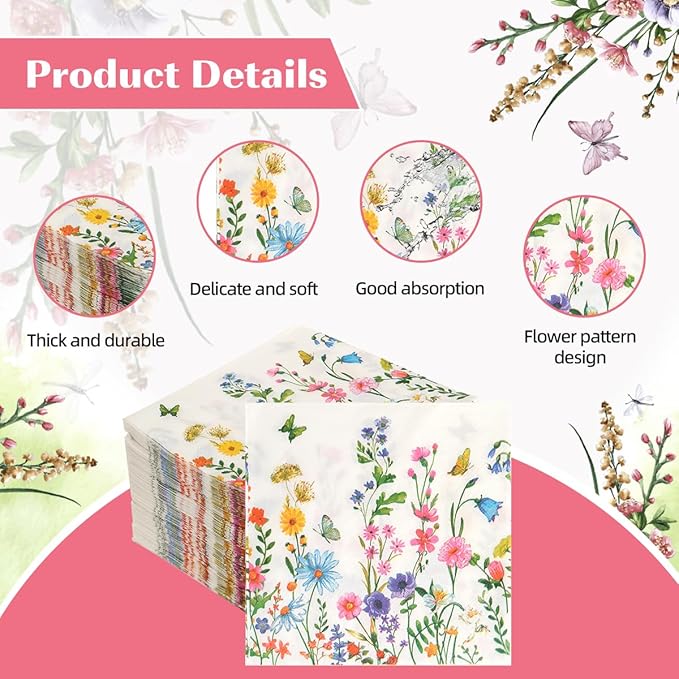 200Pcs Floral Paper Napkin Disposable Bathroom Napkins Guest Spring Flower Paper Napkins Decorative Wild Flower Hand Towels for Bathroom Wedding Birthday Party Baby Shower