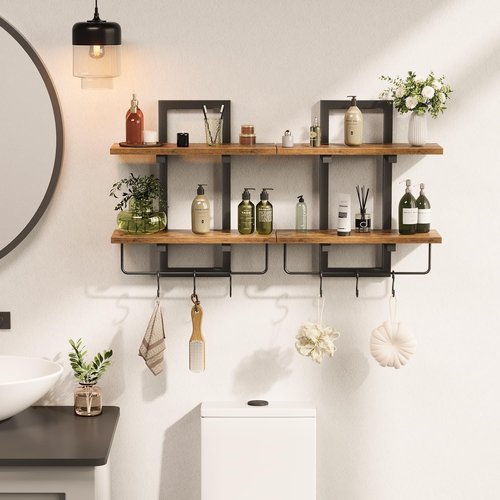 Creso Hom Floating Wall Shelves - Set of 2 Wooden Shelves with 6 Hooks | Rustic Brown for Home Decor