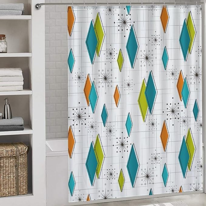 Mid Century Modern Shower Curtain,Abstract Atomic Starburst Geometric Diamond Pattern Shower Curtains Set for Bathroom Fabric Decorative Bath Curtain Washable Curtain Hooks, 72x72 in