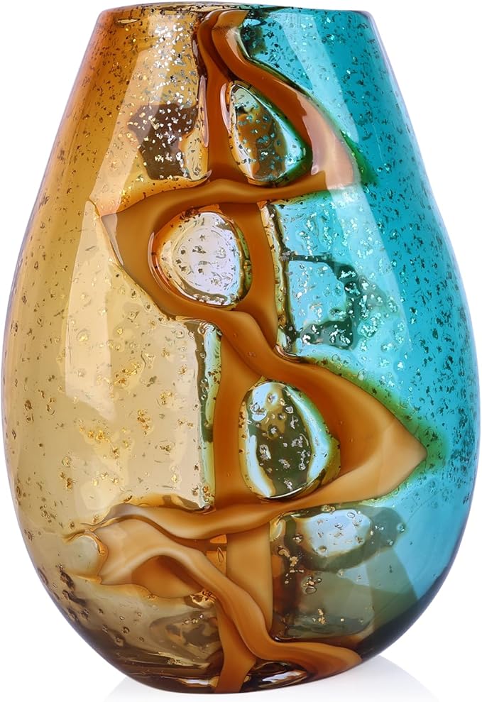 Pretty Hand Blown Glass Vase, Colored Glass Flower Vases Home Decor, Amber and Teal Decorative Murano vase for Living Room Office Bedroom Coastal Table Centerpieces Gift