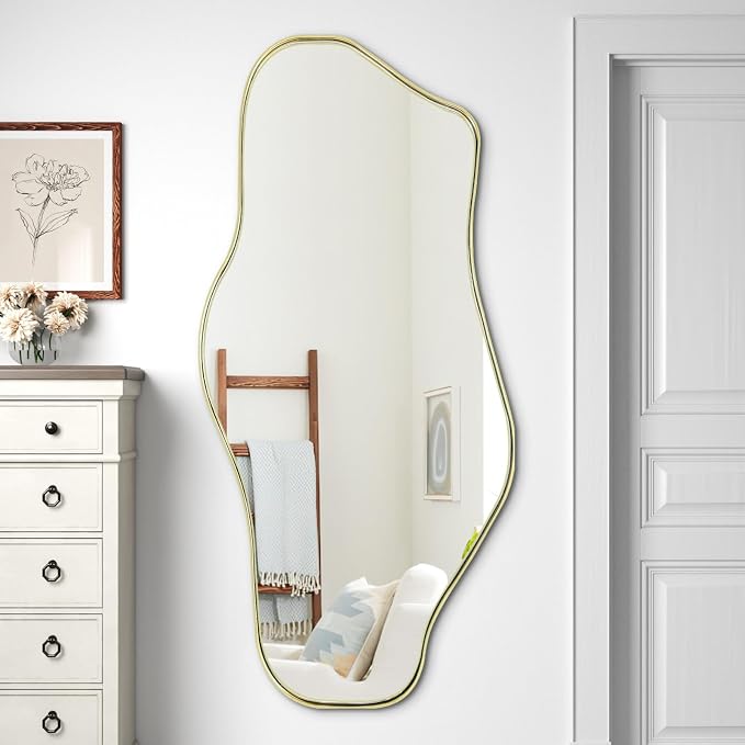 Irregular Wall Mirror, 47.2"x21.5" Asymmetrical Mirror with Gold Metal Frame, Organic Shaped Mirrors for Living Room Bedroom Hallway Entryway Fireplace, Hangs Vertically or Horizontally