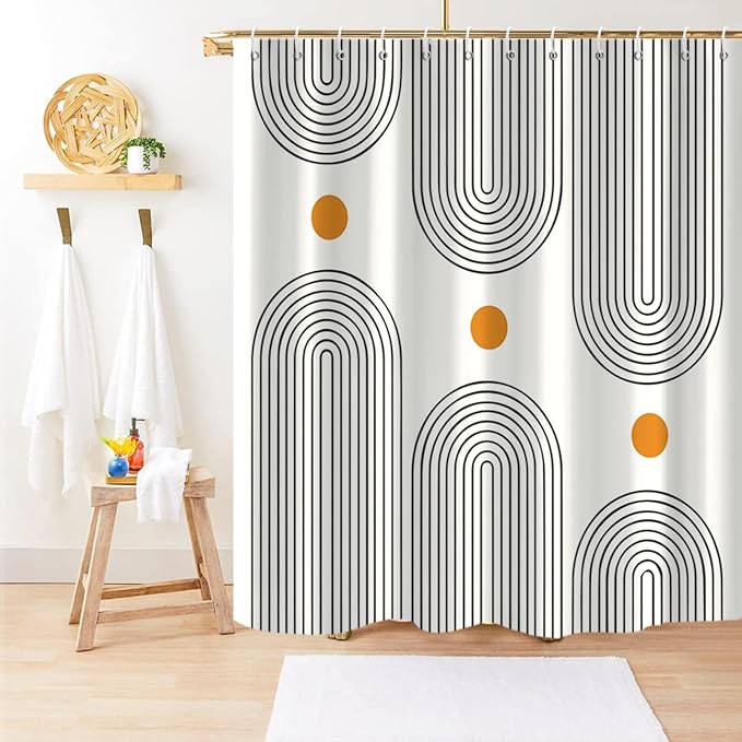 Boho Mid Century Shower Curtain, Modern Abstract Arch Sun Ivory Machine Washable Waterproof Polyester for Bathroom Decor Bathtub with 12 Hooks 72x72
