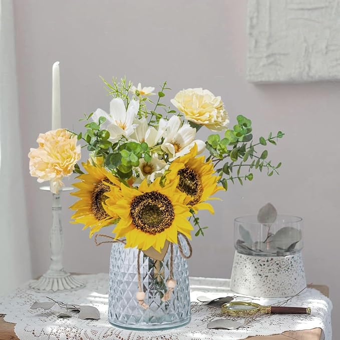 Artificial Flowers with Glass Vase, Fake Flower Bouquet Faux Sunflower in Vases for Home Dcor Flowers Modern Home Decor Table Decorative Flower Vase for Dinner Office Bedroom, Yellow