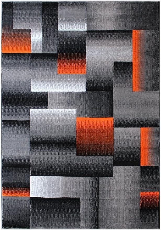 HR 5’ x 7’ Rug in Electric Orange - Premium Quality Orange/Black/Gray Abstract Geometric Modern Squares Pattern Area Rug - Contemporary Styling for Living Room, Bedroom - Unique Home Decor