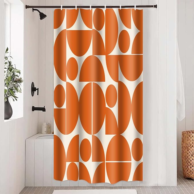 Vintage Orange Mid Century Modern Shower Curtain Boho Abstract Geometric Art Shower Curtains for Bathroom Decor 36x72 Inch 70s 80s Retro Washable Fabric Bathroom Set with 6 Hooks