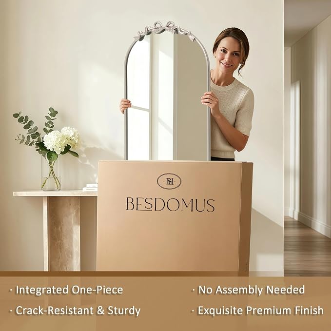 Besdomus Arched Mirror Full Length: 21"x56" Bow Champagne Silver Large Floor Standing Mirror - Antique Baroque Traditional Ornate for Entryway/Cloakroom/Bedroom - Home Decor for Fashion-Conscious