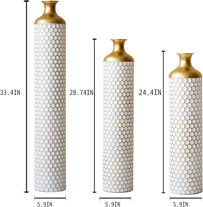 Metal Floor Vases Decorative, Set of 3 Flower Arrangement Stand, Tall White＆Gold Metal Floor Vases for Living Room, Bedroom & Entryway, 33.4", 28.74", 24.4" H (Gold＆White2)