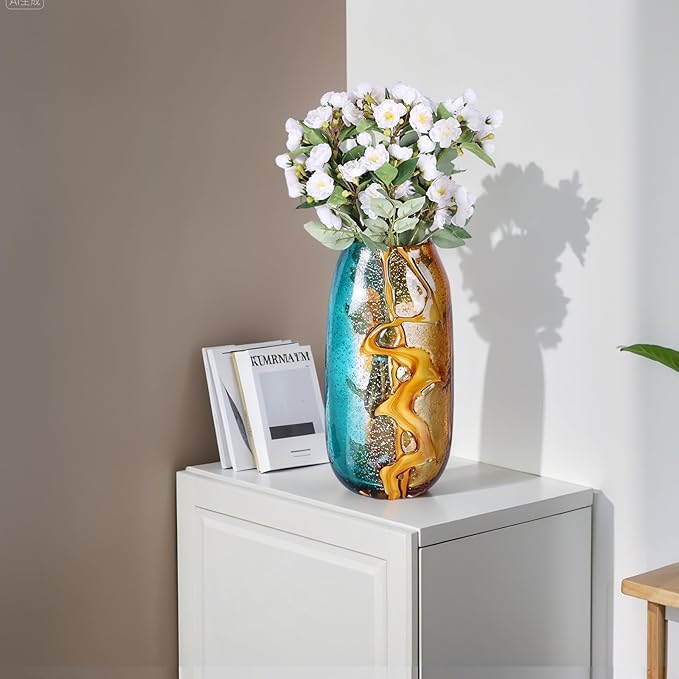 Pretty Hand Blown Glass Vase, Colored Glass Flower Vases Home Decor, Amber and Teal Decorative Murano vase for Living Room Office Bedroom Coastal Table Centerpieces Gift
