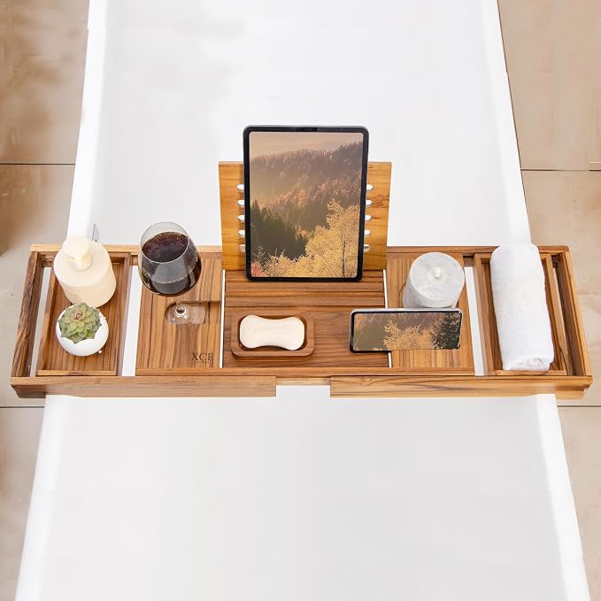 XcE Teak Bathtub Caddy Tray - Expandable to 41 Inches with Book Stand, Soap Holder & Anti-Slip Pads for Luxury Bath Spa, Teak