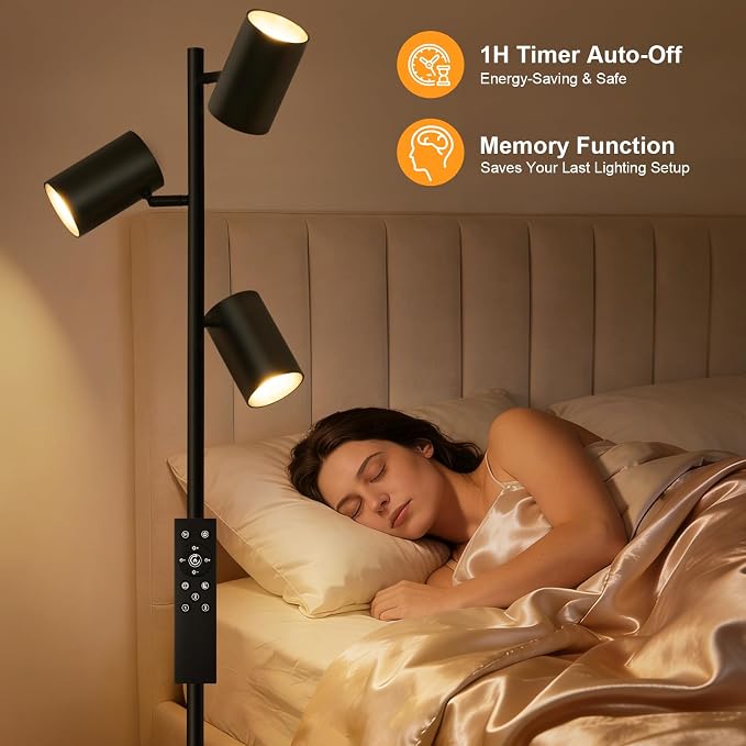 4000LM LED Tree Floor Lamp, 36W Super Bright Reading Lamp with Remote, Dimmable Tall Standing Light with 3 Rotatable Heads & 6 Color Temperatures, Modern Floor Lamps for Living Room Bedroom Office