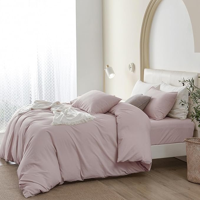 JIYUAN 100% Washed Cotton Duvet Cover Set 2 Pieces Twin, 1 Duvet Cover 68x90 Inches (Comforter Not Included) and 1 Pillowcases,Linen Feel Bedding Set Comfy and Breathable, Heathered Greyish Pink