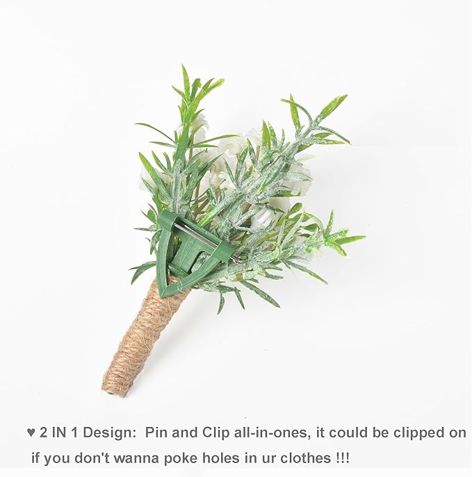 Baby Breath Boutonnieres for Men Wedding,Set of 10, Natural White Groom and Groomsmen Boutonniere with Pin for Rustic Fall Vintage Wedding, Prom and Homecoming