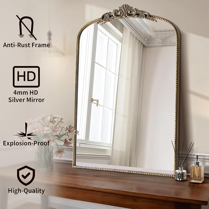 Micasso Ornate Antique Gold Mirror: 24"x36" French Baroque Arched Mirror - Traditional Vintage Decorative for Wall/Mantel/Entryway/Bathroom/Hallway/Living Room - Home Decor for Bathroom