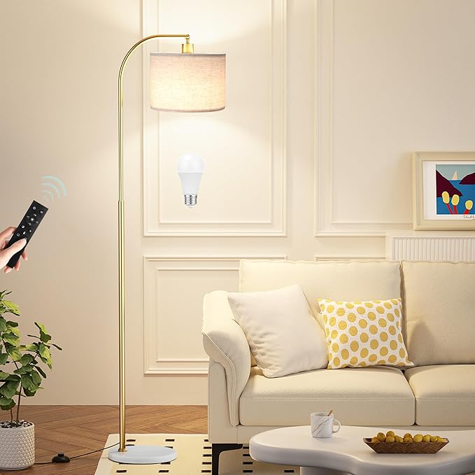 Ambimall Arc Floor Lamp with Remote and Stepless Dimmable Bulb, Colors Temperature & Brightness Adjustable, Gold Pole & Marble Base