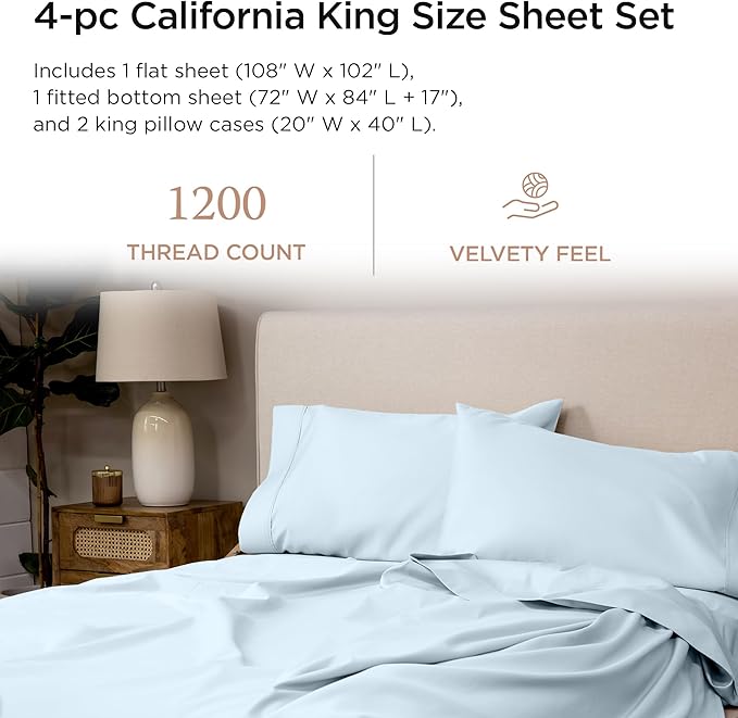 Threadmill California King Sheets, Certified American Supima Cotton Sheets, 1200 Thread Count Hotel Quality Sheet, 4 Piece Luxury Bed Sheets Set with Elasticized Extra Deep Pocket, Light Blue