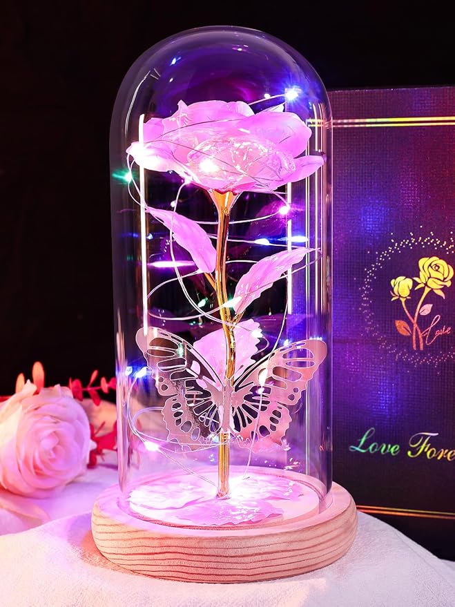 Beferr Christmas Birthday Gifts for Women, Mom Gifts for Christmas Galaxy Glass Rose Forever Preserved Flowers for Delivery Prime Rose in Glass Dome Xmas Gifts for Grandma Wife Sister Her, NPink