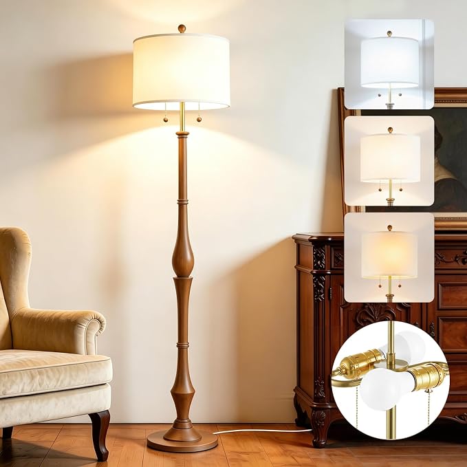 67.5'' Rustic Wooden Floor Lamp with Linen Shade, Farmhouse Floor Lamp for Living Room, Bedroom & Reading Nook, 3-Color Adjustable Tall Lamp with Pull Chain (Walnut)