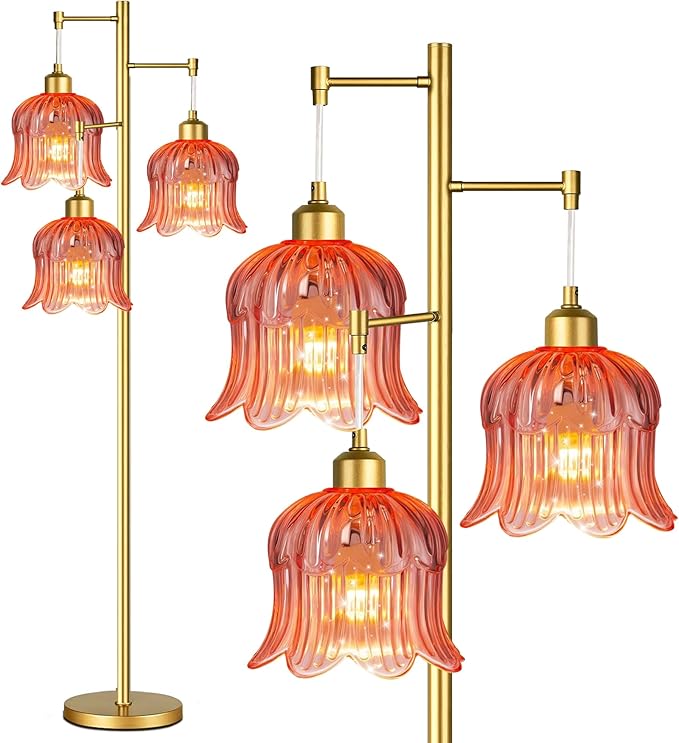 QIYIZM Pink Floor Lamp for Living Room,Bedroom,Gold Mid Century Modern Standing Lamp Brass Tree 3 Light Tall Floor Lamps Floor Lights Glass Flower Lamp Shade Girls Kids Boho Bohemian