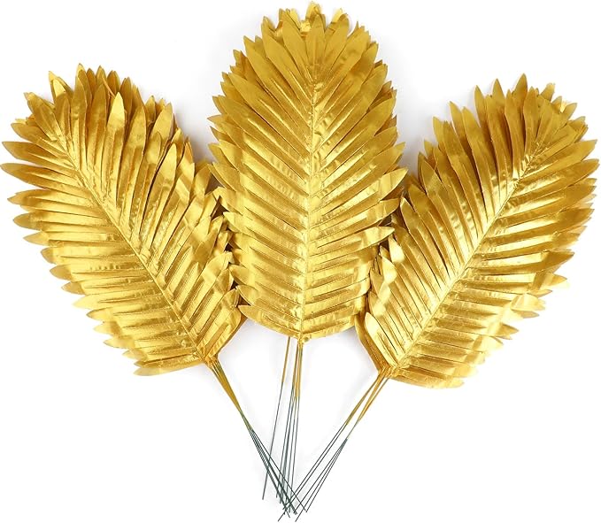 CCINEE 16 PCS Artificial Palm Leaves, Golden Faux Large Palm Fronds Fake Tropical Plant Simulation Safari Leaves with Stems for Home Hawaiian Luau Party Jungle Beach Theme Party Decoration